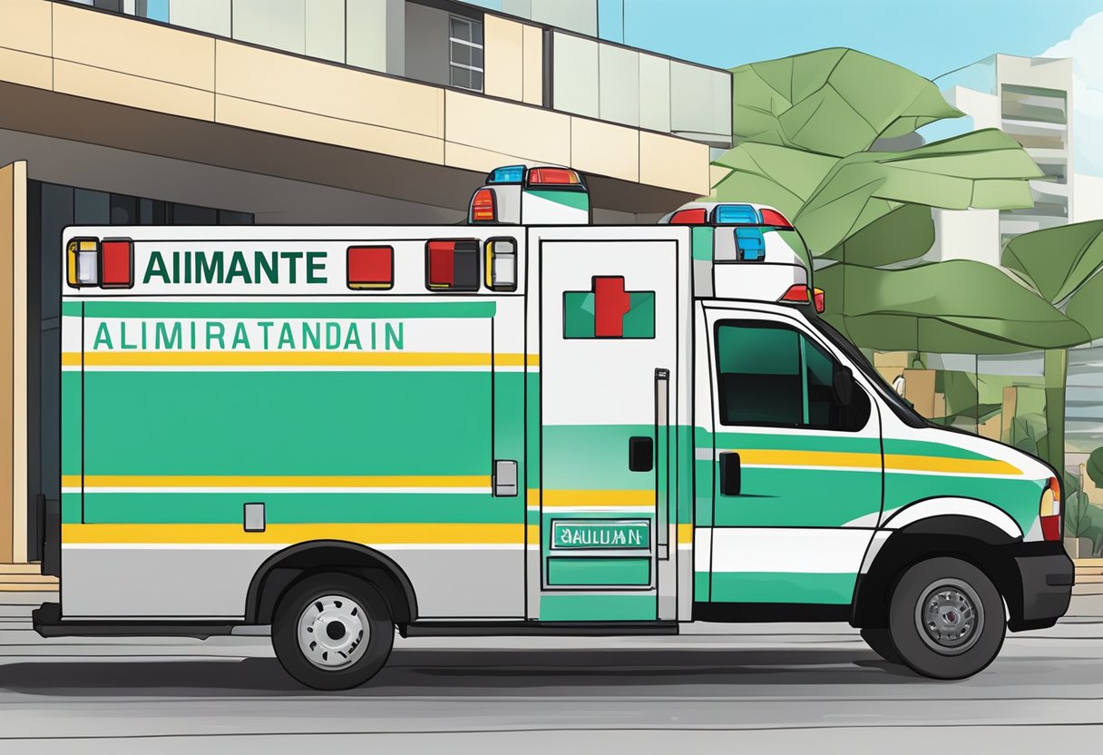 Uma ambulância adornada com o nome "Almirante Tamandaré" estacionou em frente a um escritório de gestão e investimento em saúde pública.