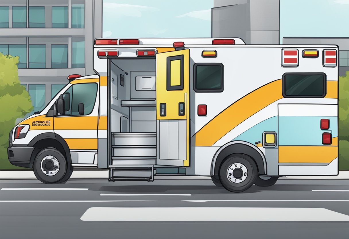 Uma ambulância estacionada do lado de fora de um hospital, com foco em seu design ergonômico e na qualidade do serviço prestado.