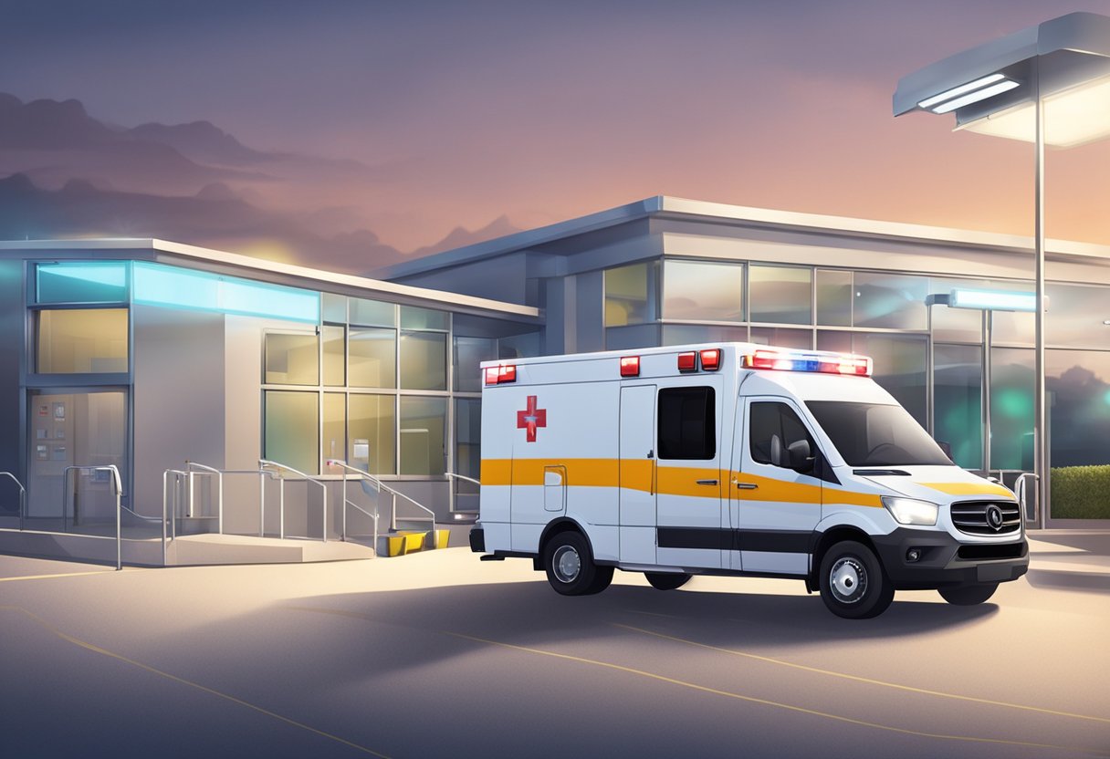 Uma ambulância avançada com equipamentos médicos e luzes intermitentes estacionada do lado de fora de um hospital