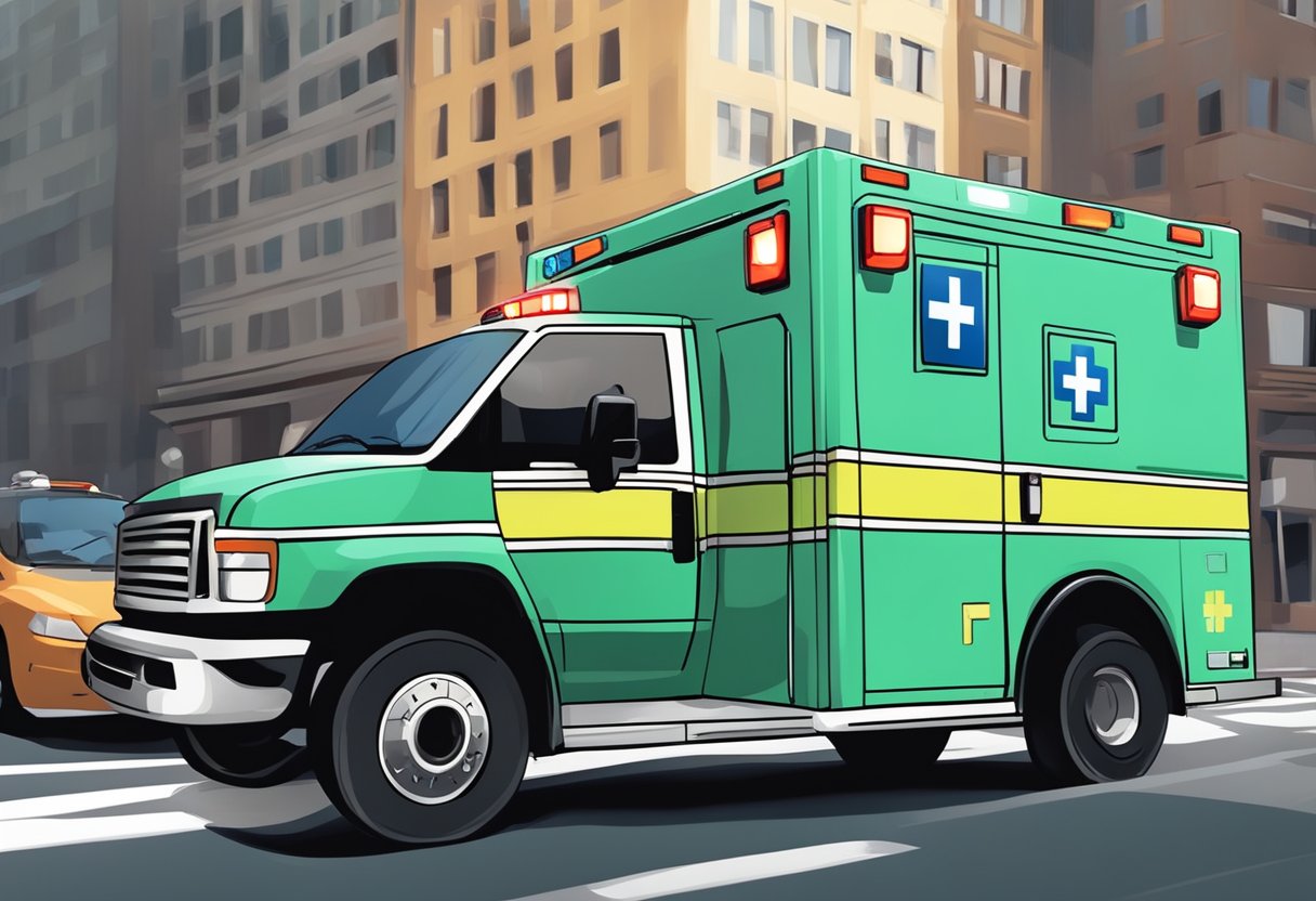 Uma ambulância avançada correndo pelas ruas da cidade, sirenes tocando, enquanto navega pelo trânsito para chegar a uma emergência médica.