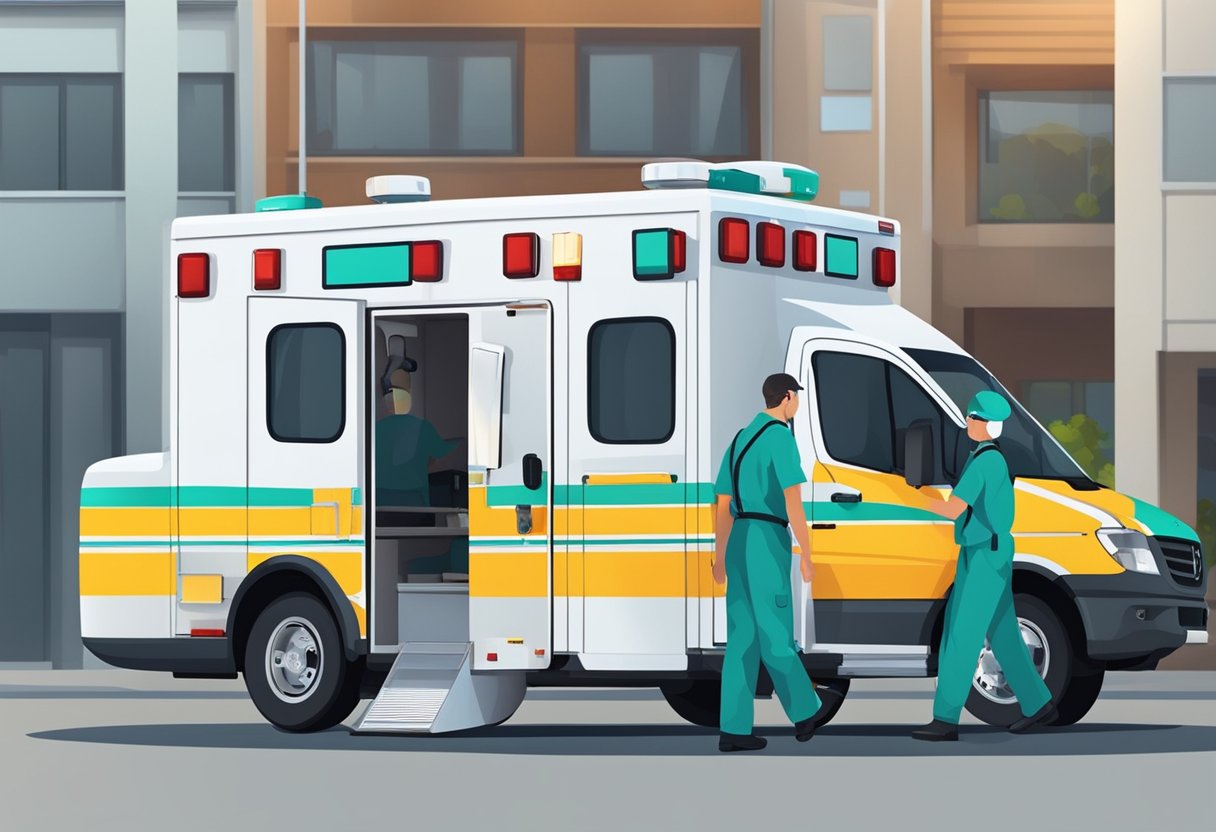 Uma ambulância avançada transportando um paciente com equipamentos médicos e pessoal