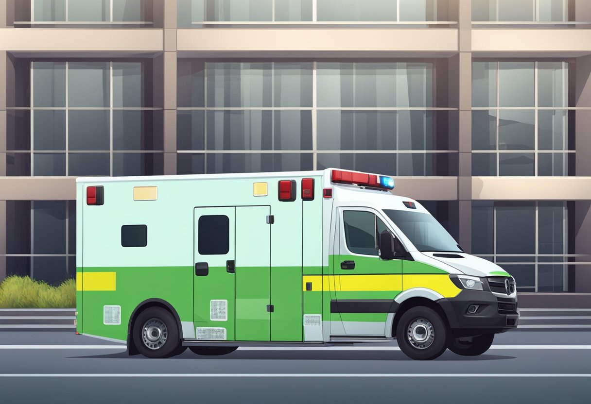 Uma ambulância avançada moderna estacionada do lado de fora de um hospital, com equipamentos médicos visíveis através das janelas.