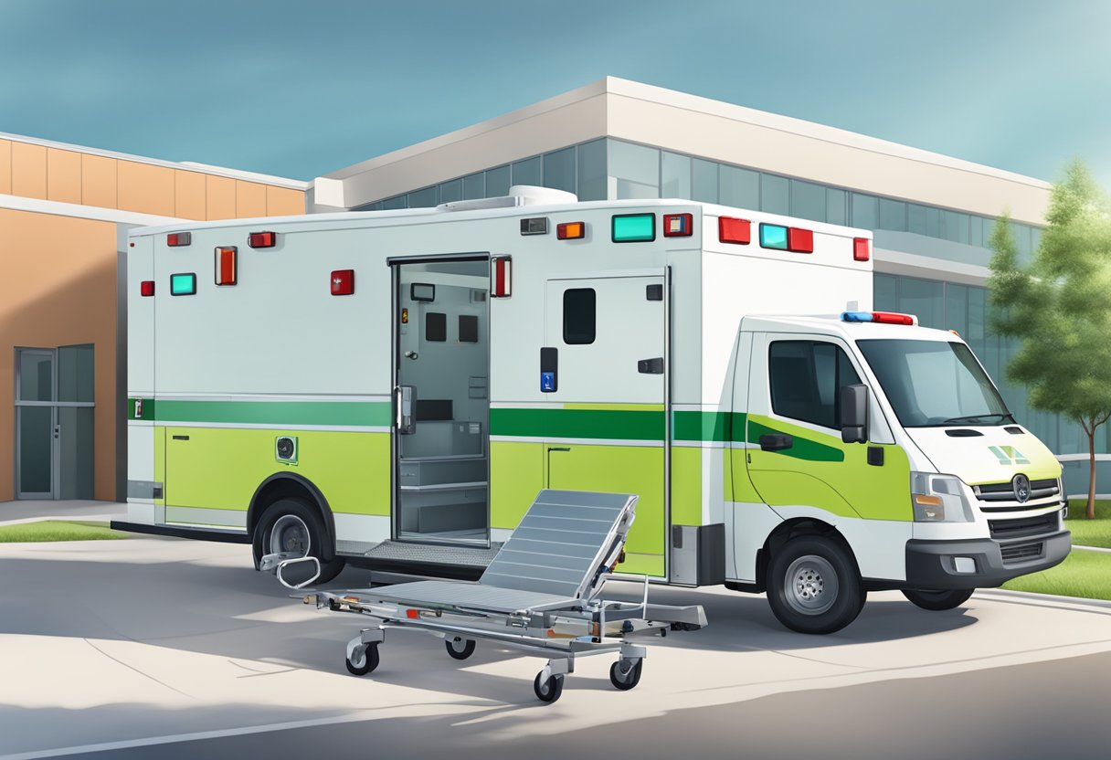 Uma ambulância regional estacionada do lado de fora de uma unidade médica, com equipamentos médicos avançados visíveis através das portas abertas.