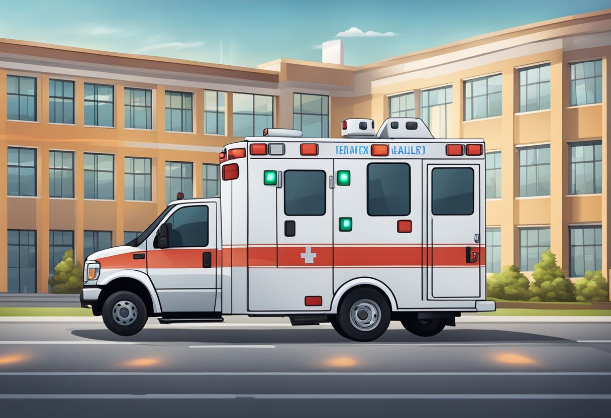 Uma ambulância de emergência com luzes piscantes e sirene estacionou do lado de fora de um hospital, com equipamentos médicos visíveis através das janelas.