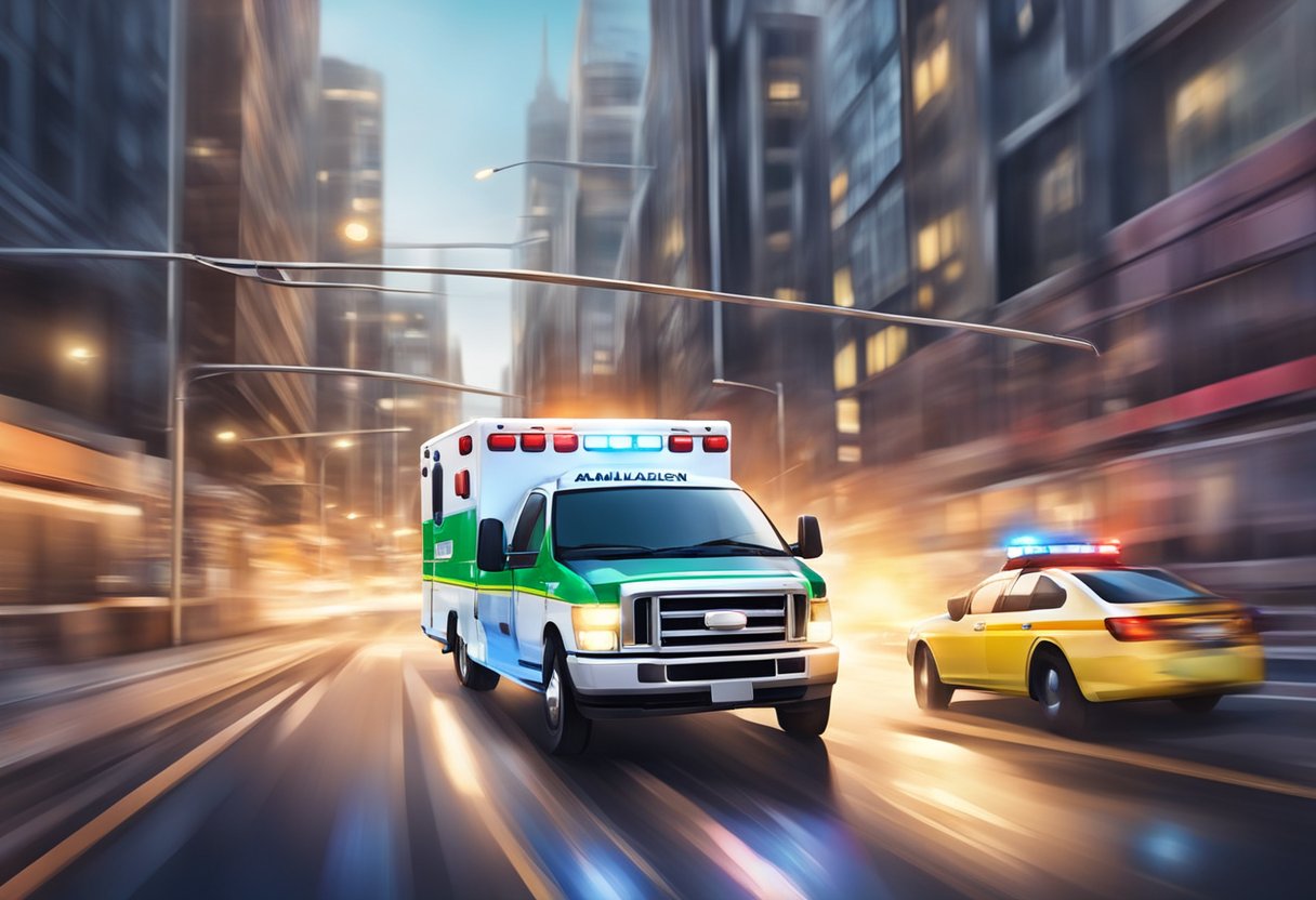 Uma ambulância de emergência acelerando pelas ruas da cidade com luzes piscando e sirenes soando, apressando-se para fornecer assistência que salva vidas.