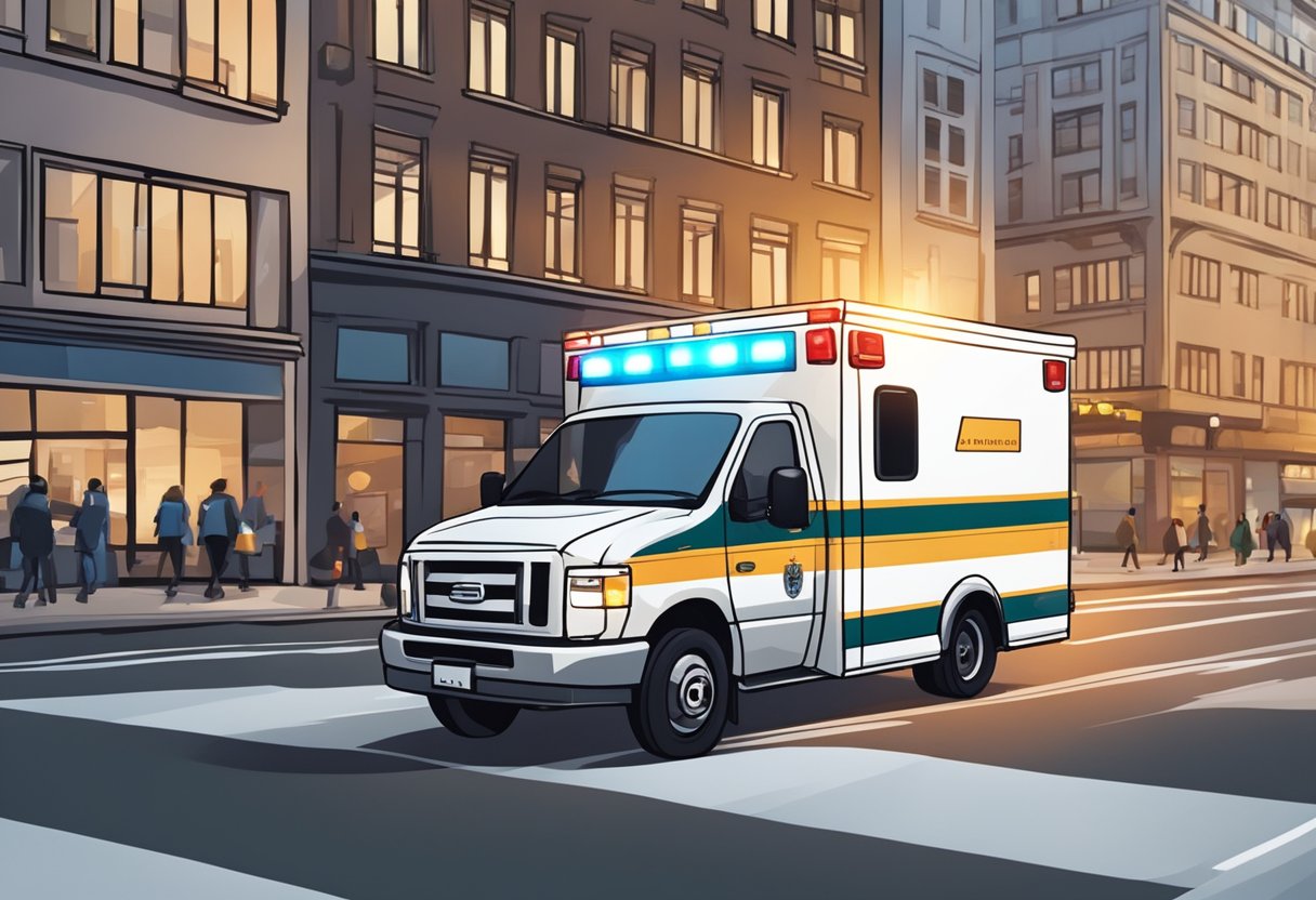 Uma ambulância moderna com luzes piscantes e uma sirene apressando-se por uma rua movimentada da cidade