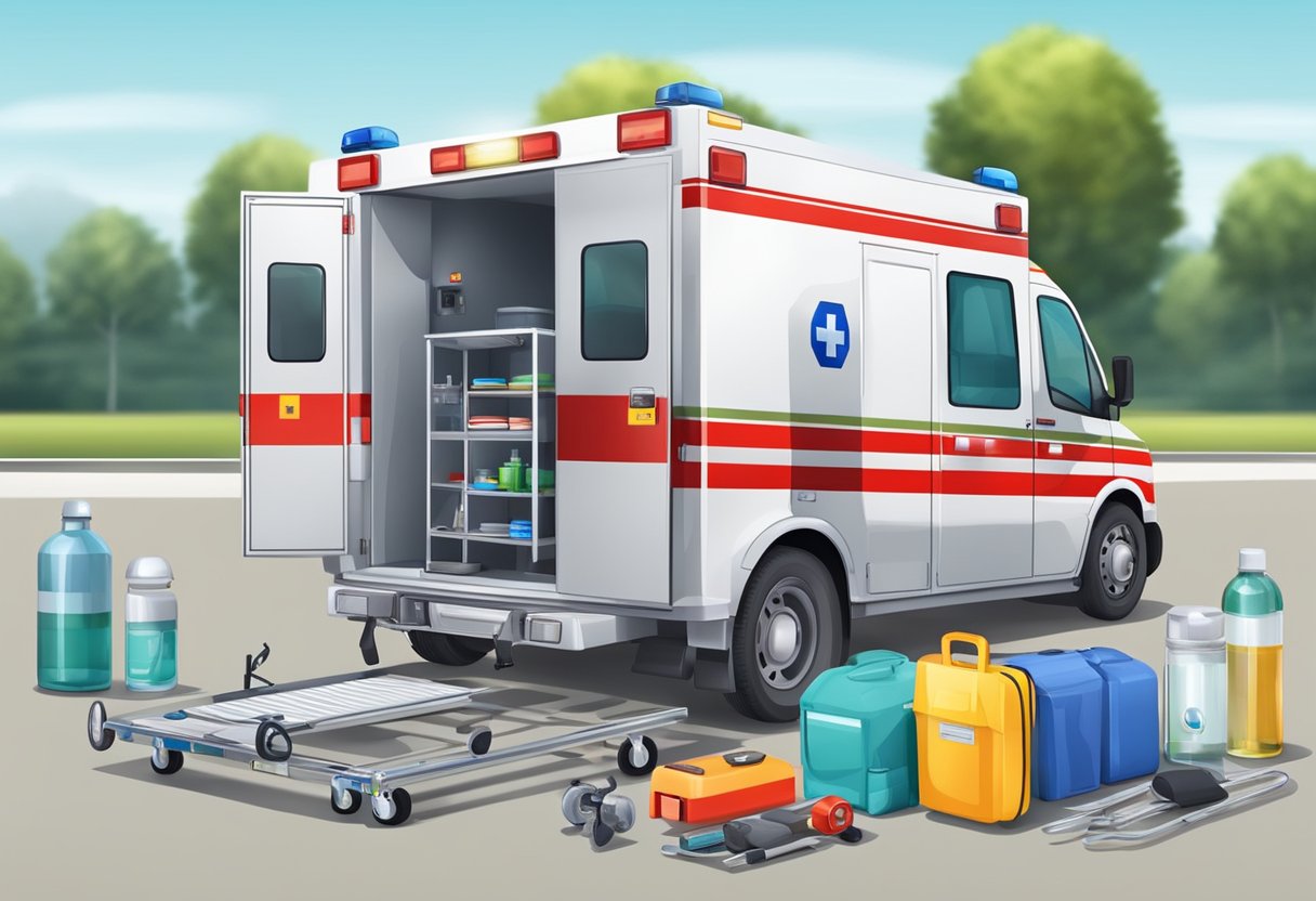 Uma ambulância de emergência com equipamentos de segurança e suprimentos médicos prontos para o transporte de pacientes