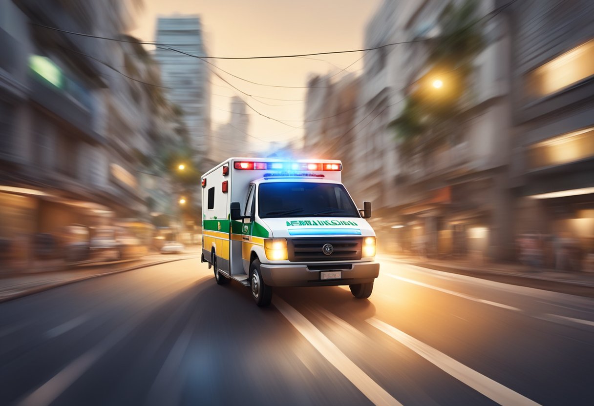 Uma ambulância de emergência acelerando pelas ruas da cidade no Brasil, com suas luzes piscando e sirene tocando, apressando-se para fornecer assistência médica urgente.