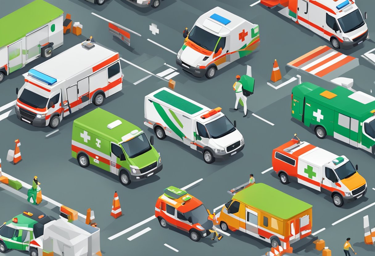 Um sistema de gerenciamento de frota de ambulâncias de emergência em ação, com ambulâncias sendo despachadas e coordenadas para resposta rápida.
