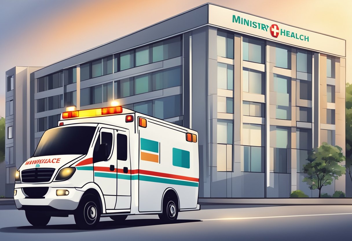 Uma ambulância com o logo do Ministério da Saúde estacionada em frente a um hospital, com luzes de emergência piscando