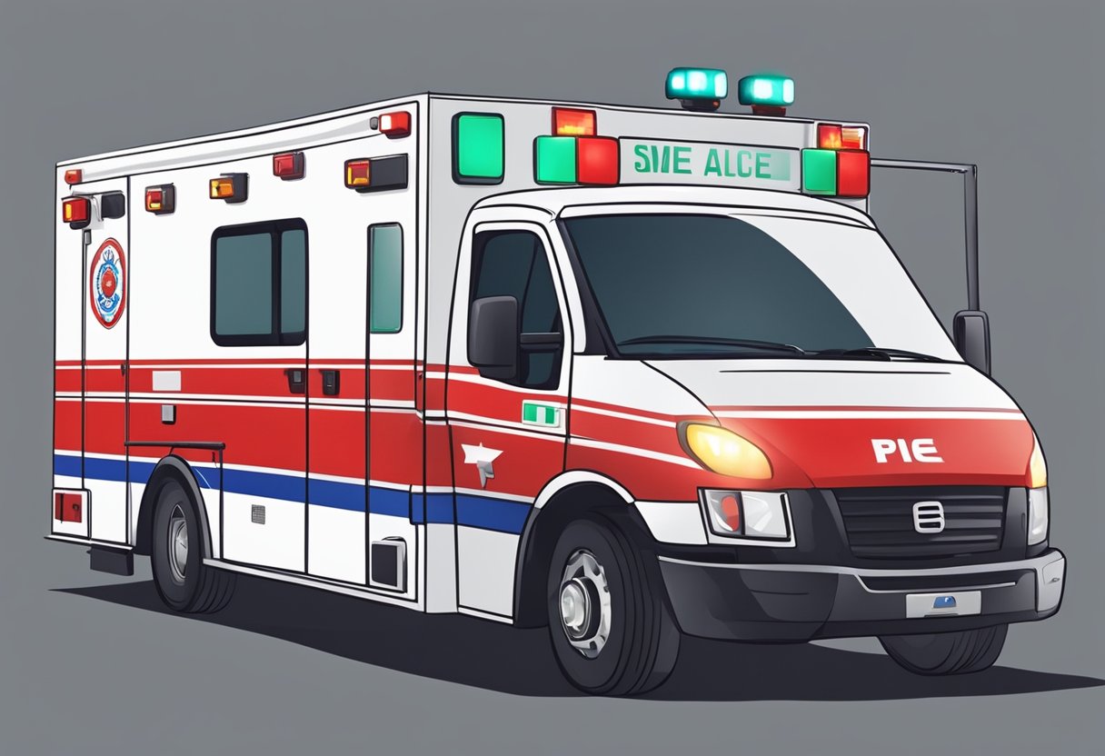 Uma ambulância de emergência particular com esquema de cores vermelho e branco, luzes piscantes e um paramédico dentro correndo para uma cena.