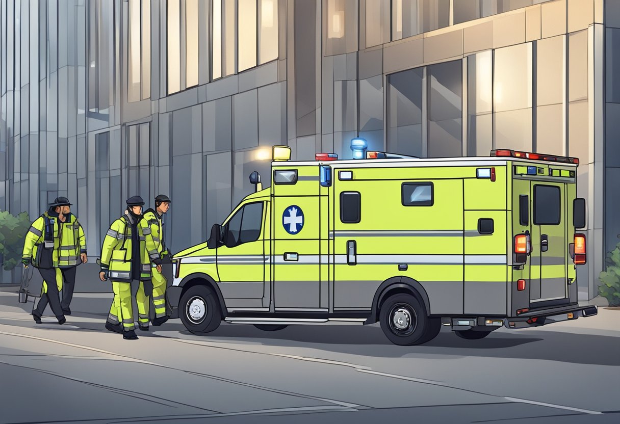 Uma ambulância de emergência particular estacionada do lado de fora de um prédio, com suas luzes piscando e paramédicos atendendo a um paciente em uma maca.