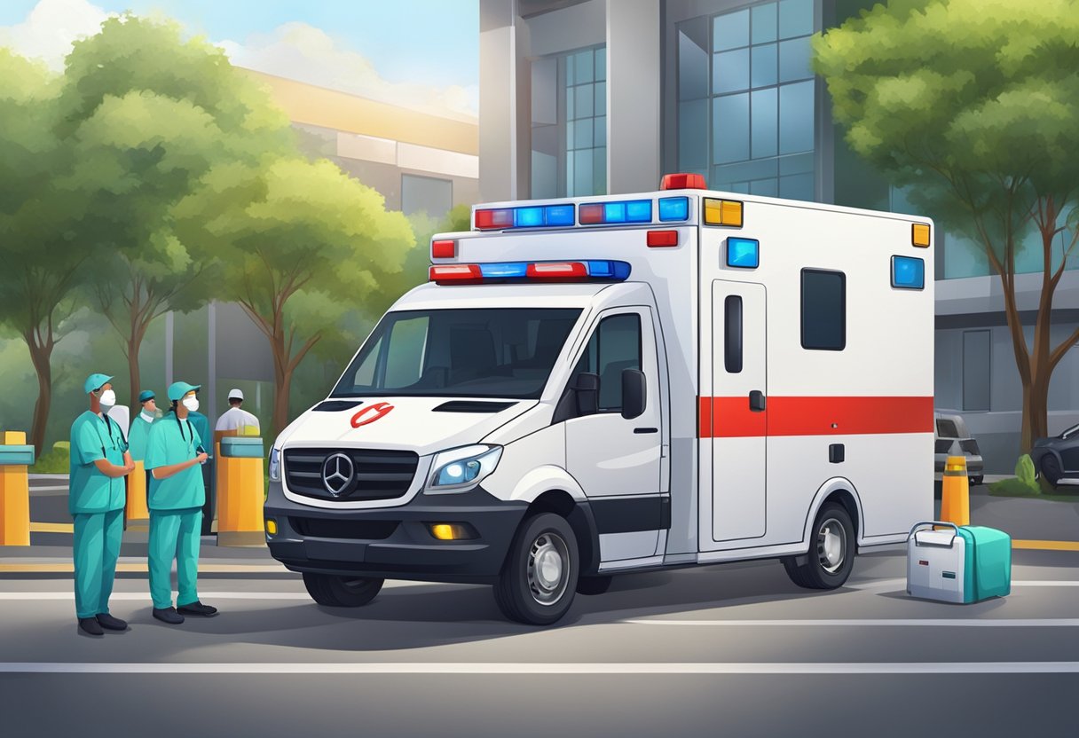 Uma ambulância de emergência particular estacionada com equipamentos médicos e uma equipe de paramédicos pronta para ação.