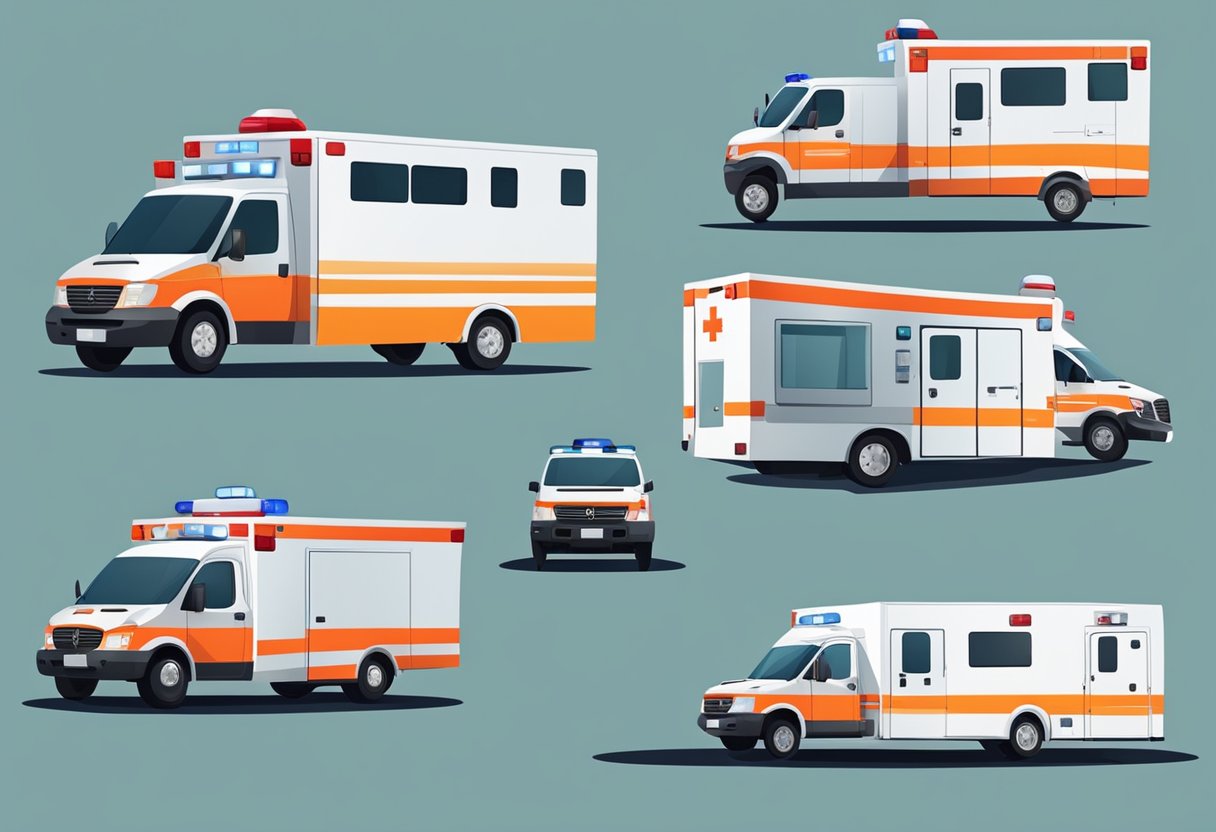 Uma ambulância particular de emergência transportando pacientes em várias situações
