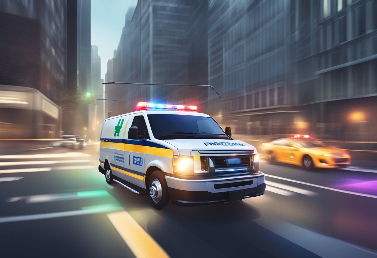 Uma ambulância de emergência particular acelerando pelas ruas da cidade com luzes piscando e sirenes soando.
