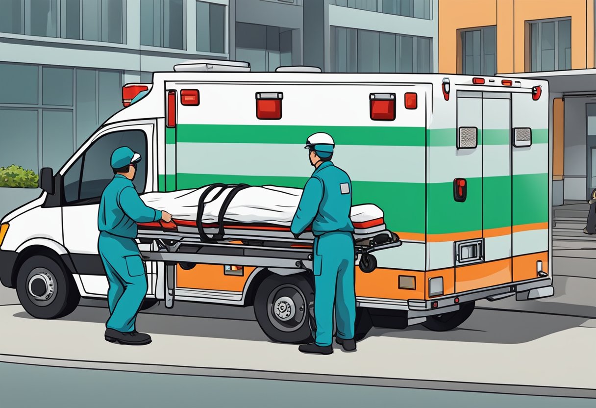 Uma ambulância com uma maca sendo carregada na parte de trás por pessoal médico