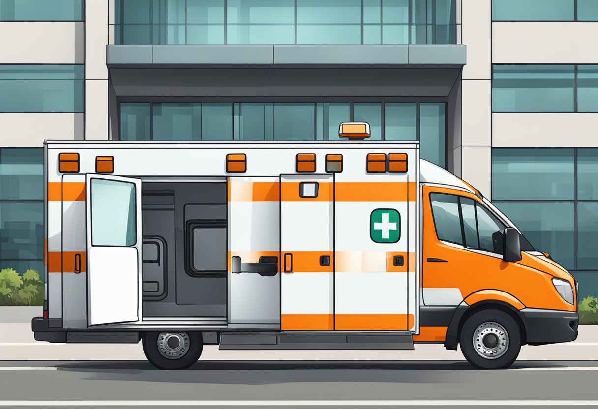 Uma ambulância de remoção branca e laranja estacionada do lado de fora de um hospital, com uma maca visível através das portas traseiras abertas.