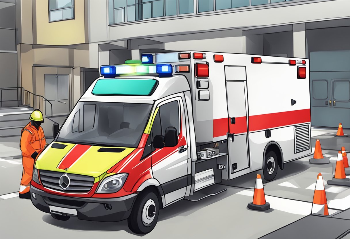 Uma ambulância vermelha e branca com luzes piscando e uma maca sendo carregada na parte de trás