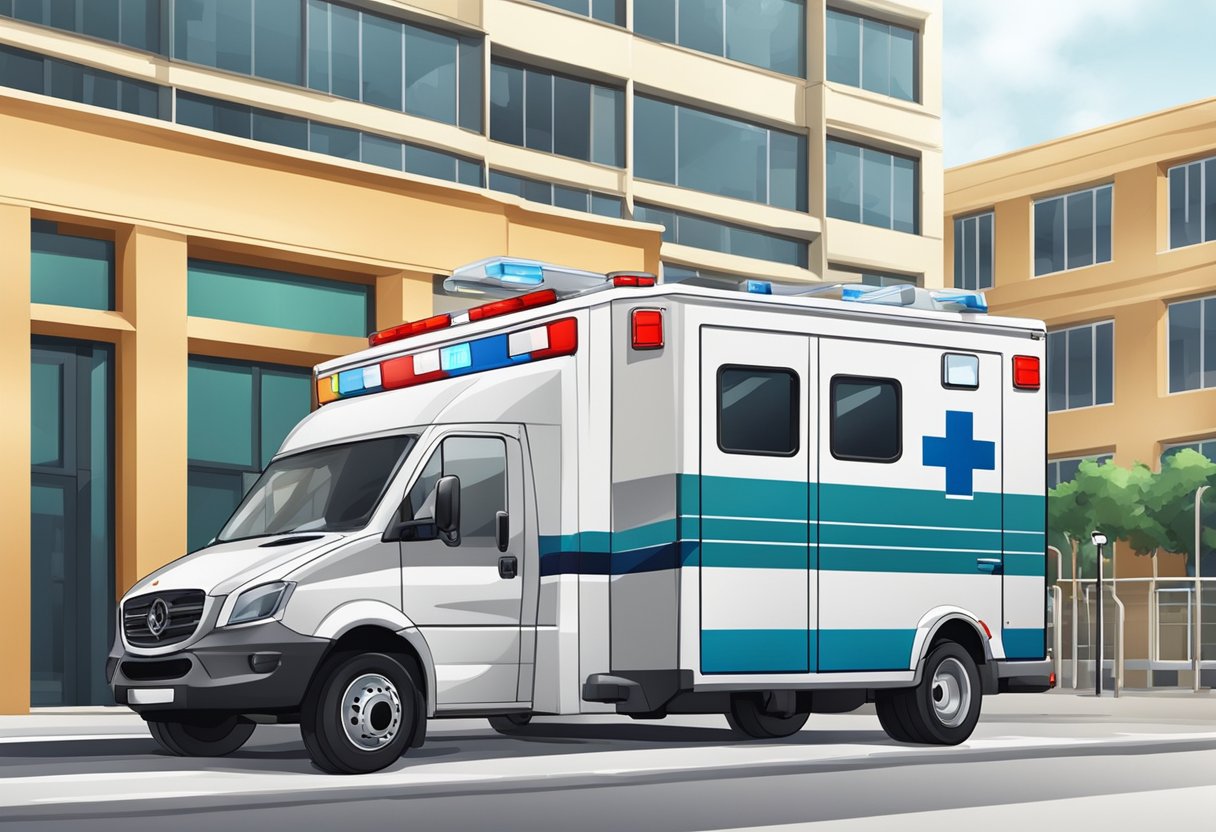 Uma ambulância com uma maca e equipamentos médicos estacionou do lado de fora de um prédio.