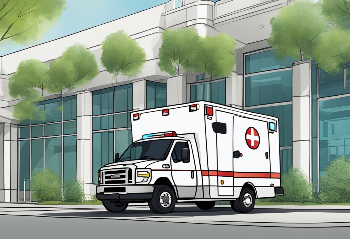 Uma ambulância estacionada do lado de fora de um hospital, com um mapa da região exibido na lateral.