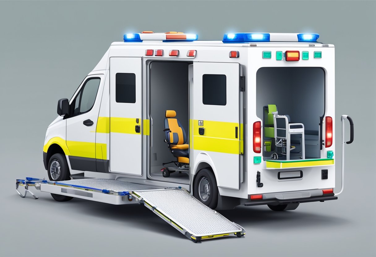 Uma ambulância moderna com uma maca e equipamentos médicos, proporcionando um ambiente seguro e confortável para o transporte de pacientes.
