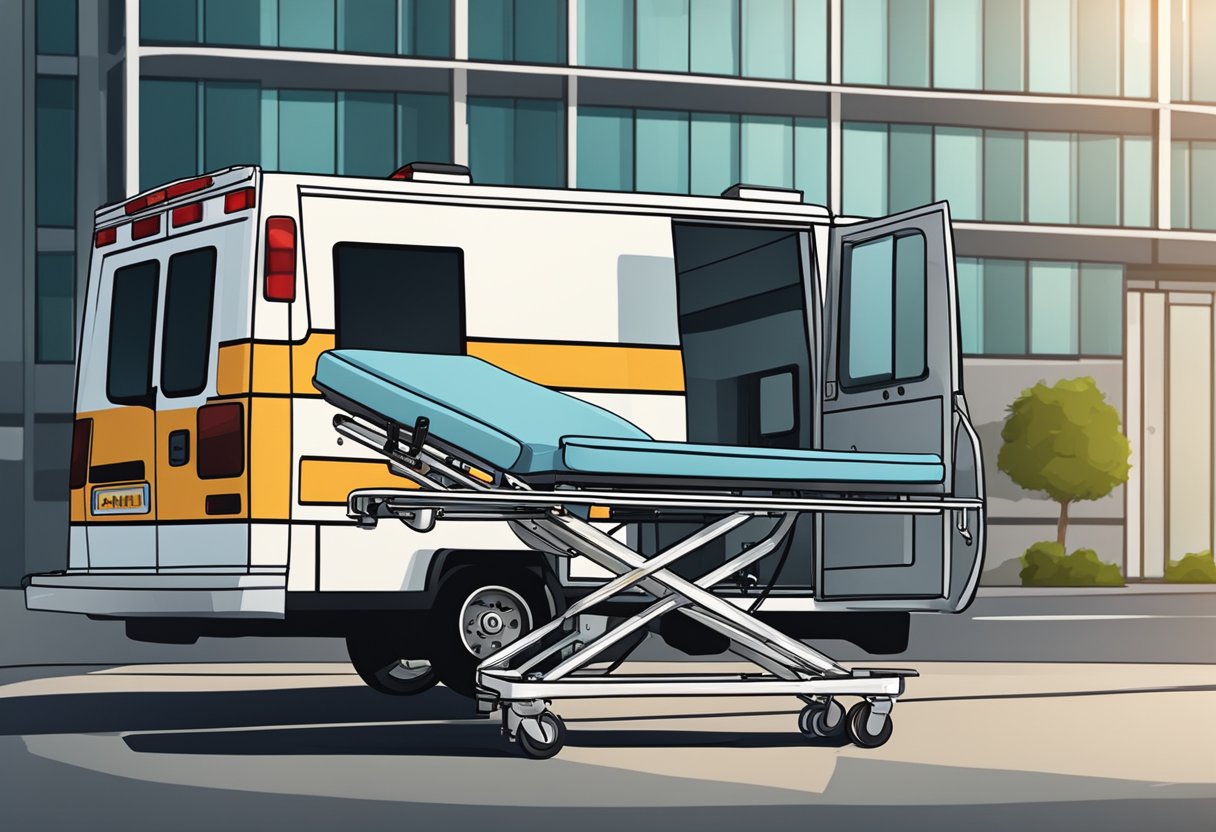 Uma ambulância médica estacionada do lado de fora de um hospital, com uma maca e equipamentos médicos visíveis através das portas traseiras abertas.