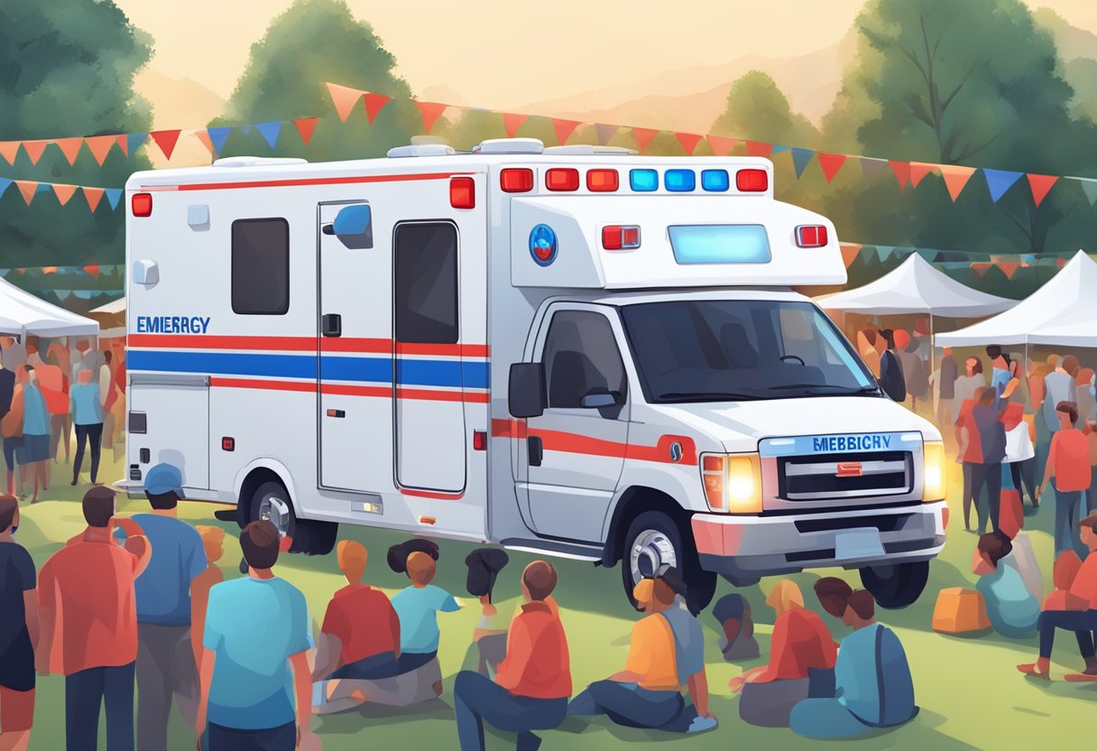 Uma ambulância branca com luzes de emergência vermelhas e azuis estacionada em um evento ao ar livre, cercada por pessoas e tendas.