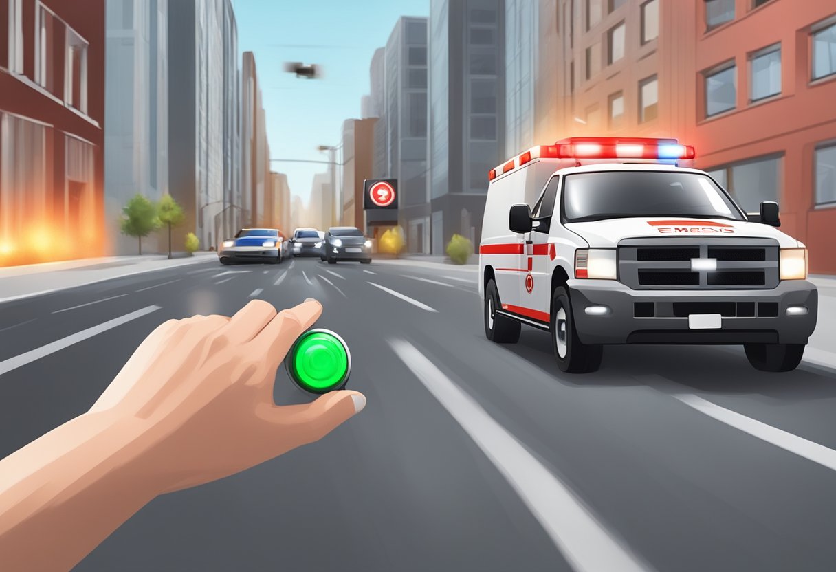 Uma pessoa pressiona um botão de emergência vermelho na parede, enquanto um veículo de paramédico com luzes piscantes e sirenes se aproxima ao fundo.