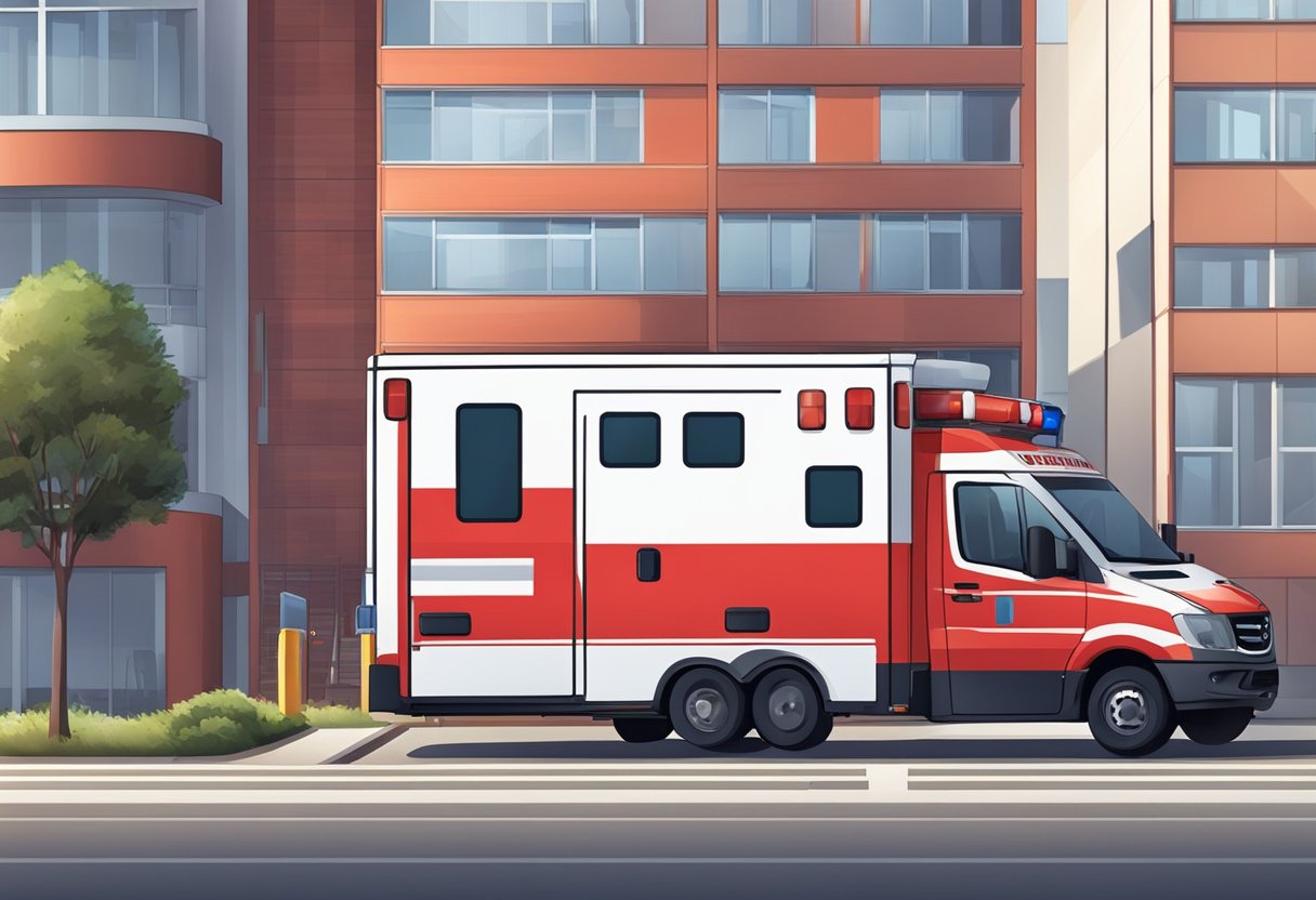 Uma ambulância vermelha e branca estacionada do lado de fora de um prédio, com uma maca sendo carregada por dois paramédicos.