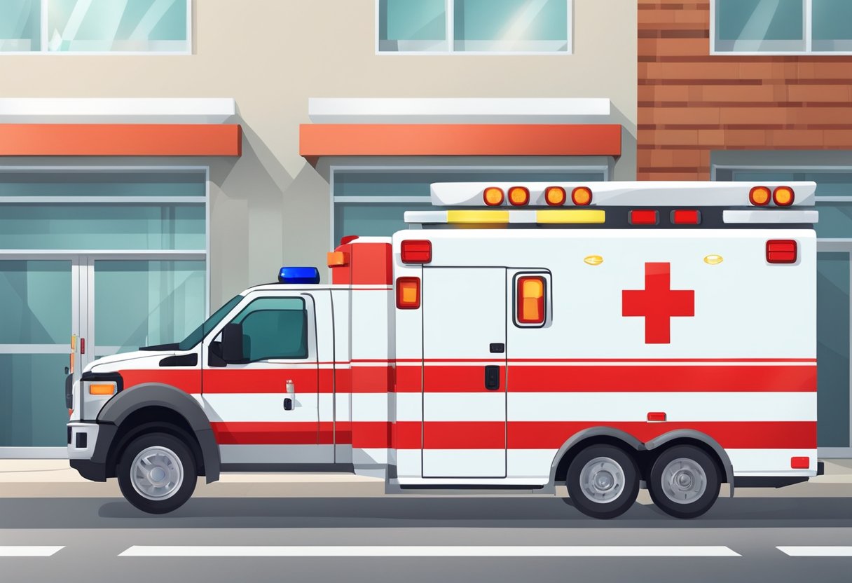 Ambulancia de resgate: serviços essenciais e como funcionam 2 Uma ambulância com luzes vermelhas e brancas piscando estacionou do lado de fora de um hospital, com uma maca e equipamentos médicos visíveis através das portas traseiras abertas.