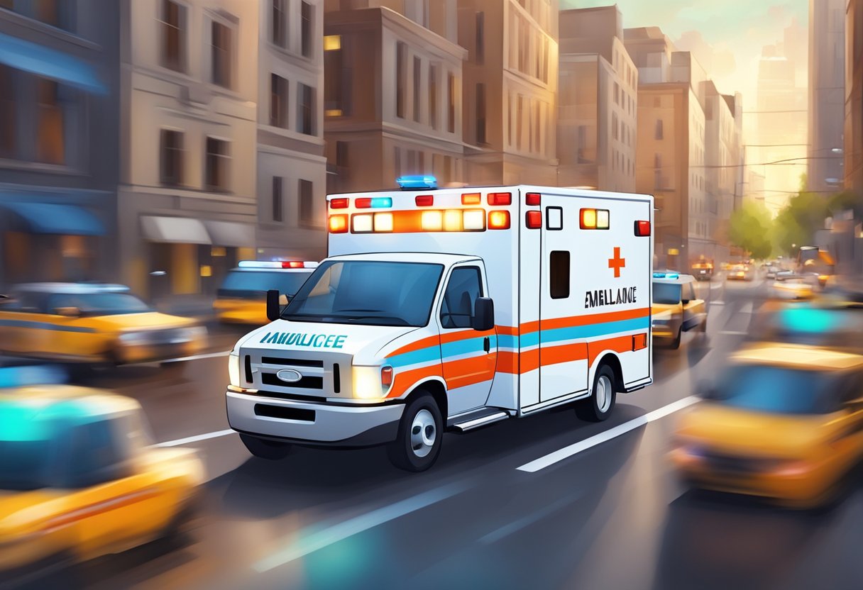 Ambulancia de resgate: serviços essenciais e como funcionam 4 Uma ambulância com luzes piscando e sirenes correndo por uma rua da cidade, cercada por edifícios e outros veículos