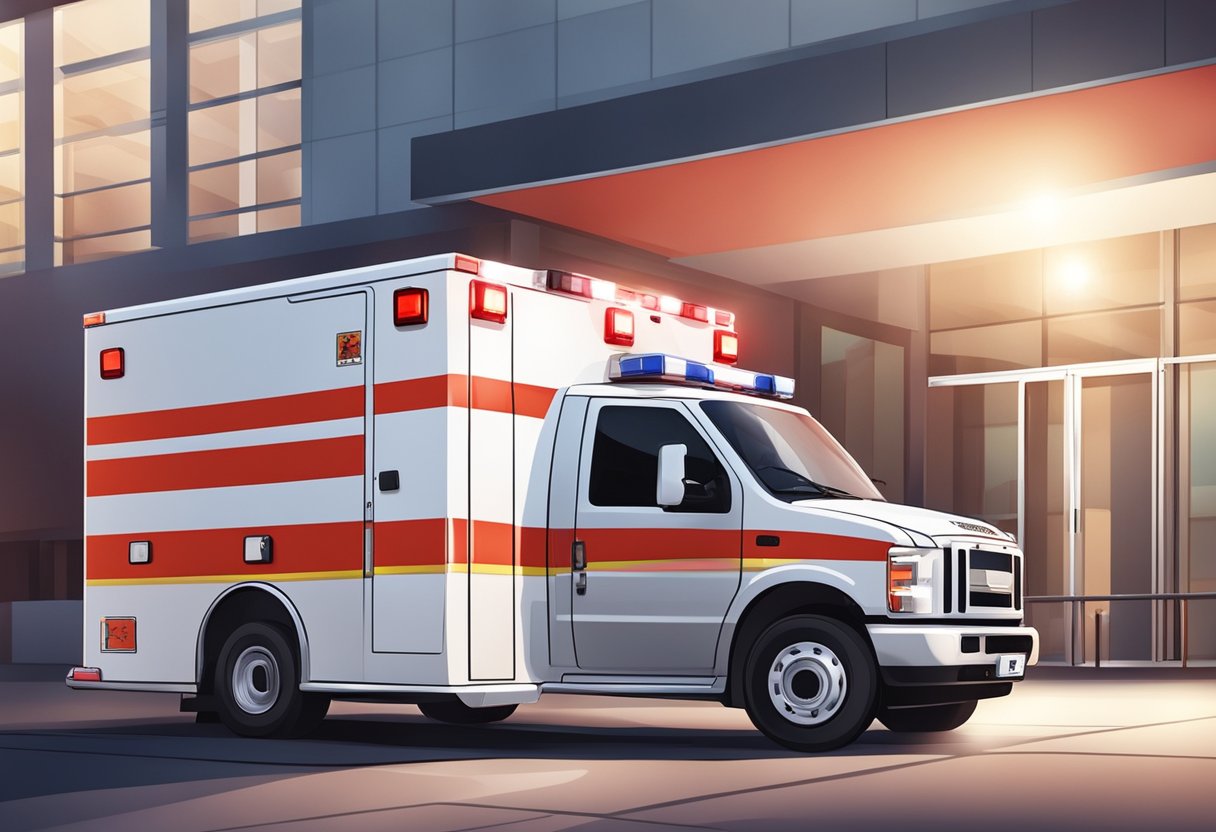 Ambulancia de resgate: serviços essenciais e como funcionam 5 Uma ambulância de resgate vermelha e branca estacionada do lado de fora de um hospital com suas luzes piscando e as portas traseiras abertas.