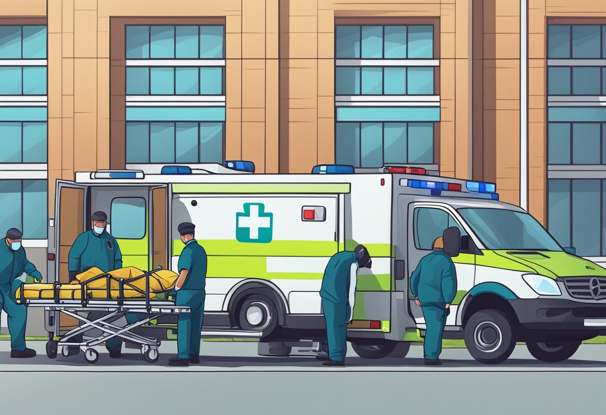 Ambulancia de resgate: serviços essenciais e como funcionam 6 Uma ambulância estacionada do lado de fora de um hospital, com paramédicos descarregando equipamentos e uma maca. Uma pessoa deitada na maca recebendo atendimento médico.