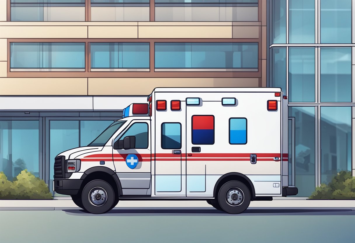 Uma ambulância branca com luzes vermelhas e azuis piscando estacionada do lado de fora de um hospital, com equipamentos médicos visíveis através das janelas.