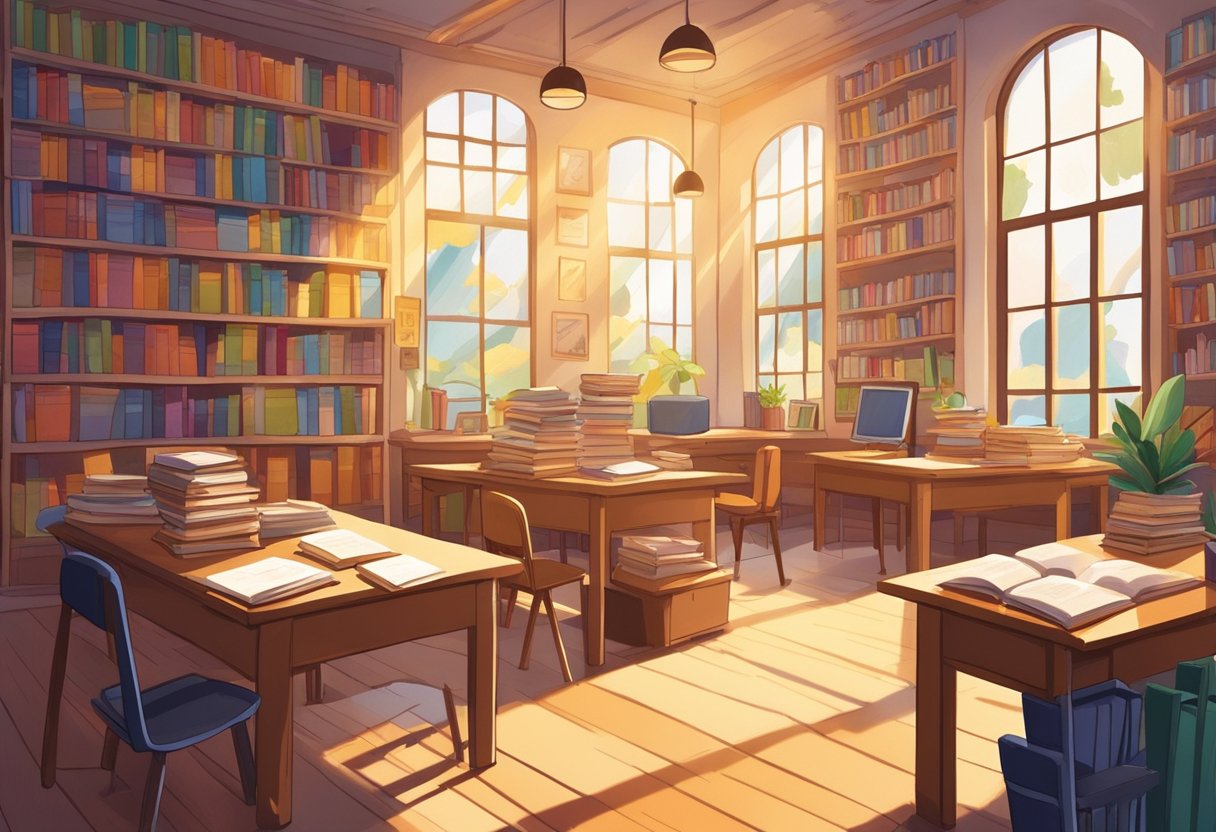 Un aula acogedora llena de libros, bolígrafos y papel. Las paredes están adornadas con coloridos carteles de autores famosos y citas inspiradoras. La luz del sol entra a raudales por las ventanas, creando una atmósfera cálida y acogedora.