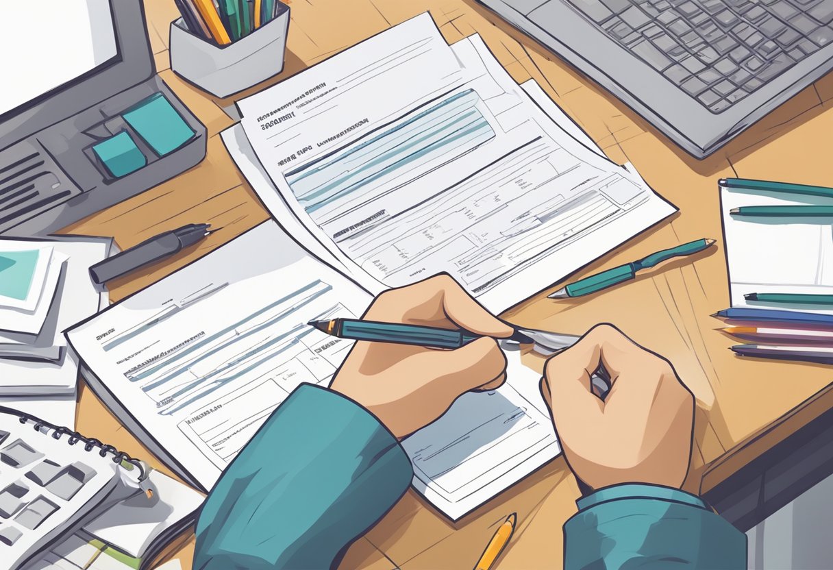 Una persona llenando un formulario de inscripción para una escuela de escritura creativa, con un bolígrafo y papel en un escritorio