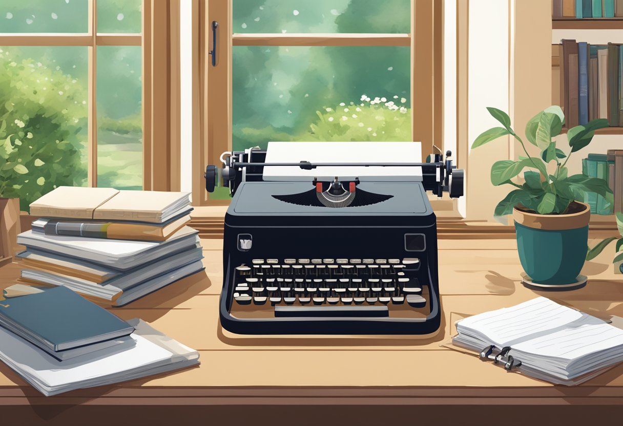 Un escritorio con una máquina de escribir, rodeado de libros y suministros de escritura, con vista a un jardín pacífico