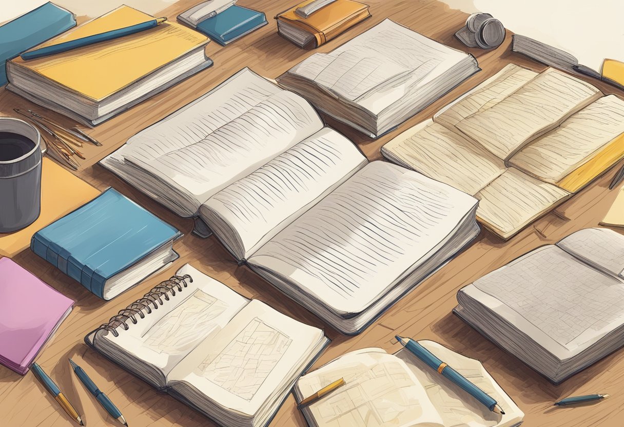 Una colección de notas escritas a mano y libros publicados de estudiantes exitosos de una escuela de escritura creativa