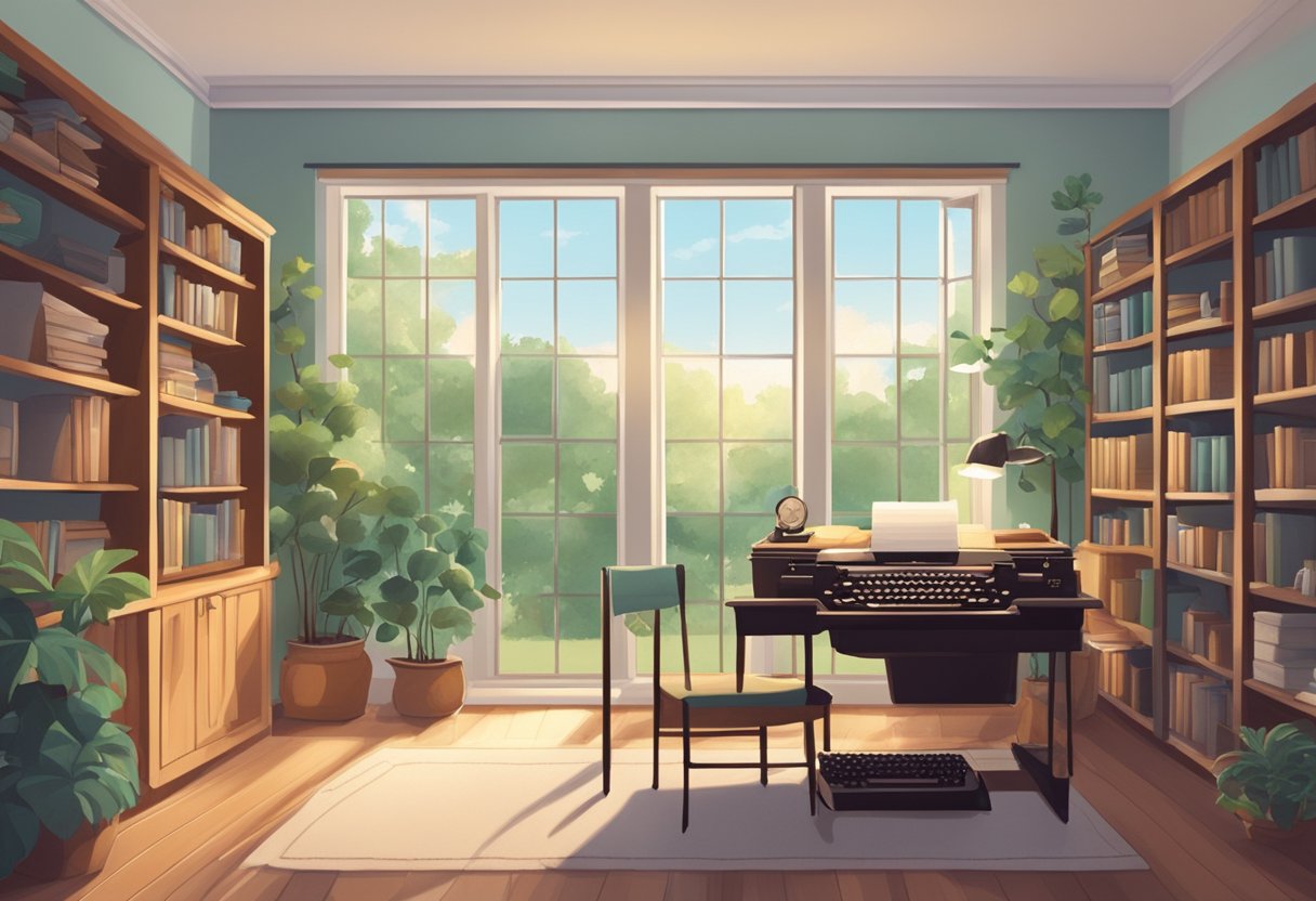 Una acogedora sala de estudio con estanterías de libros, un escritorio con una máquina de escribir y una gran ventana que da a un jardín sereno