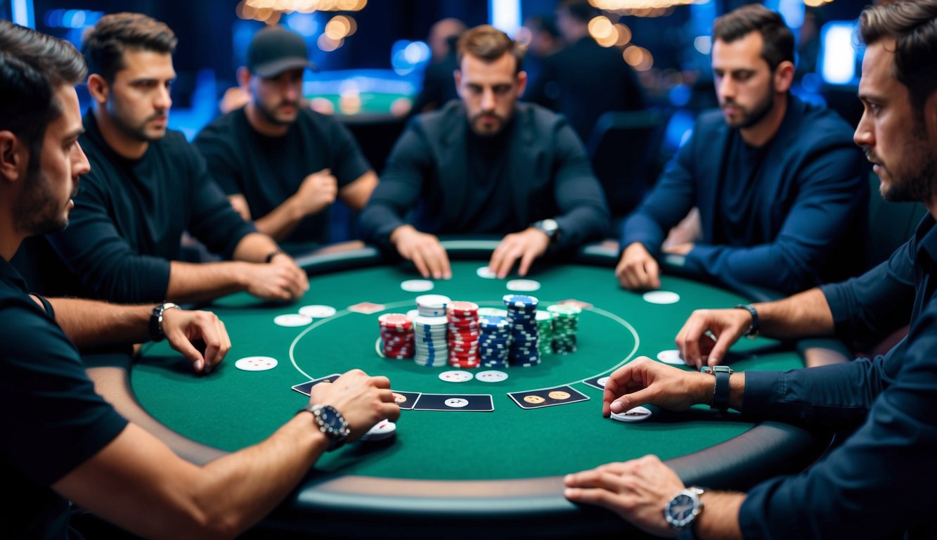 Sebuah meja poker digital dengan chip dan kartu virtual, dikelilingi oleh sekelompok pemain yang intens dan fokus