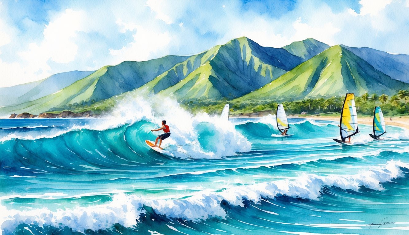 Waves crashing on turquoise waters, windsurfers gliding along the coast, with the backdrop of lush green mountains on Oahu