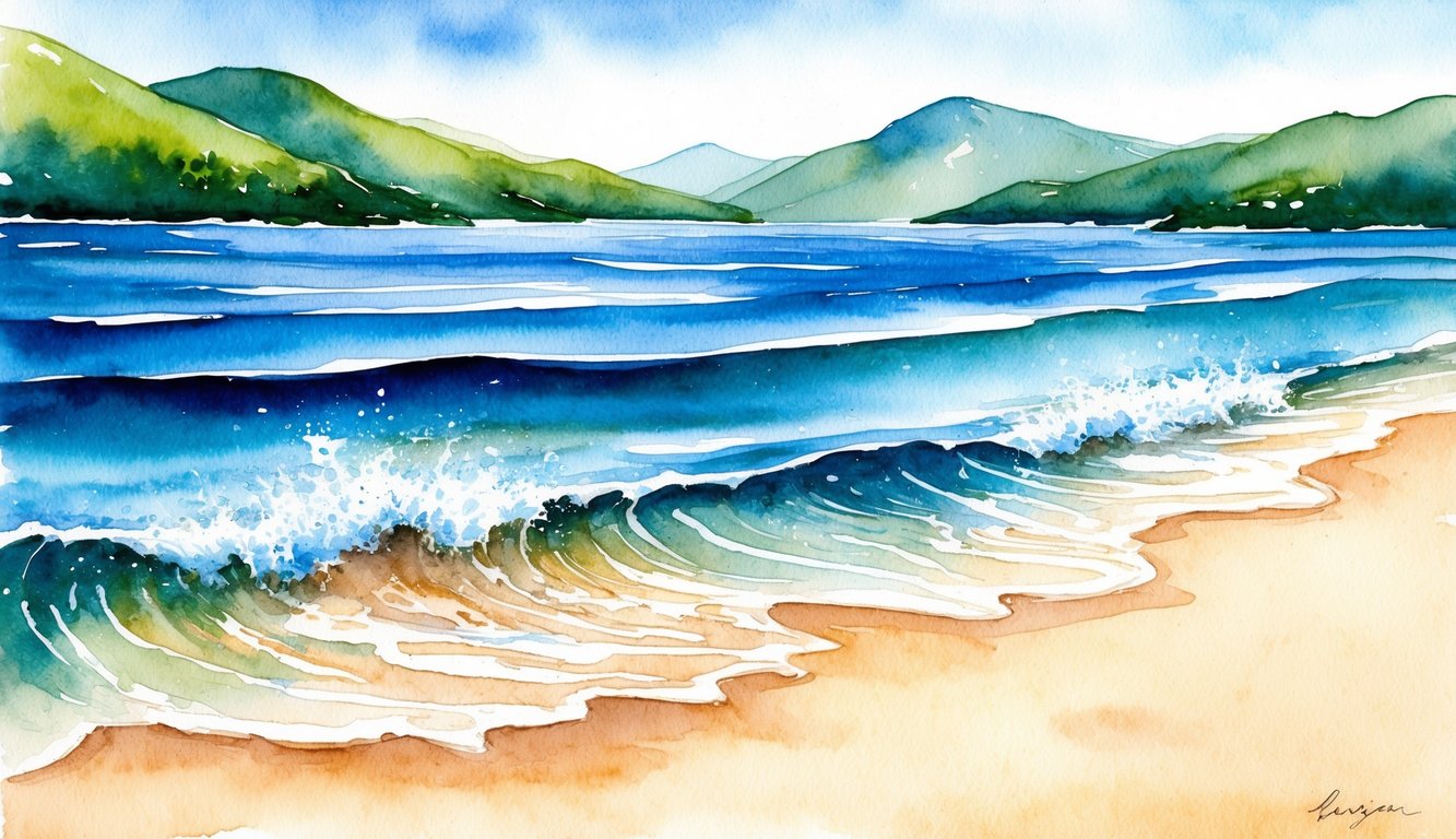 Clear blue waters with gentle waves breaking on sandy shore, surrounded by lush green mountains in the distance