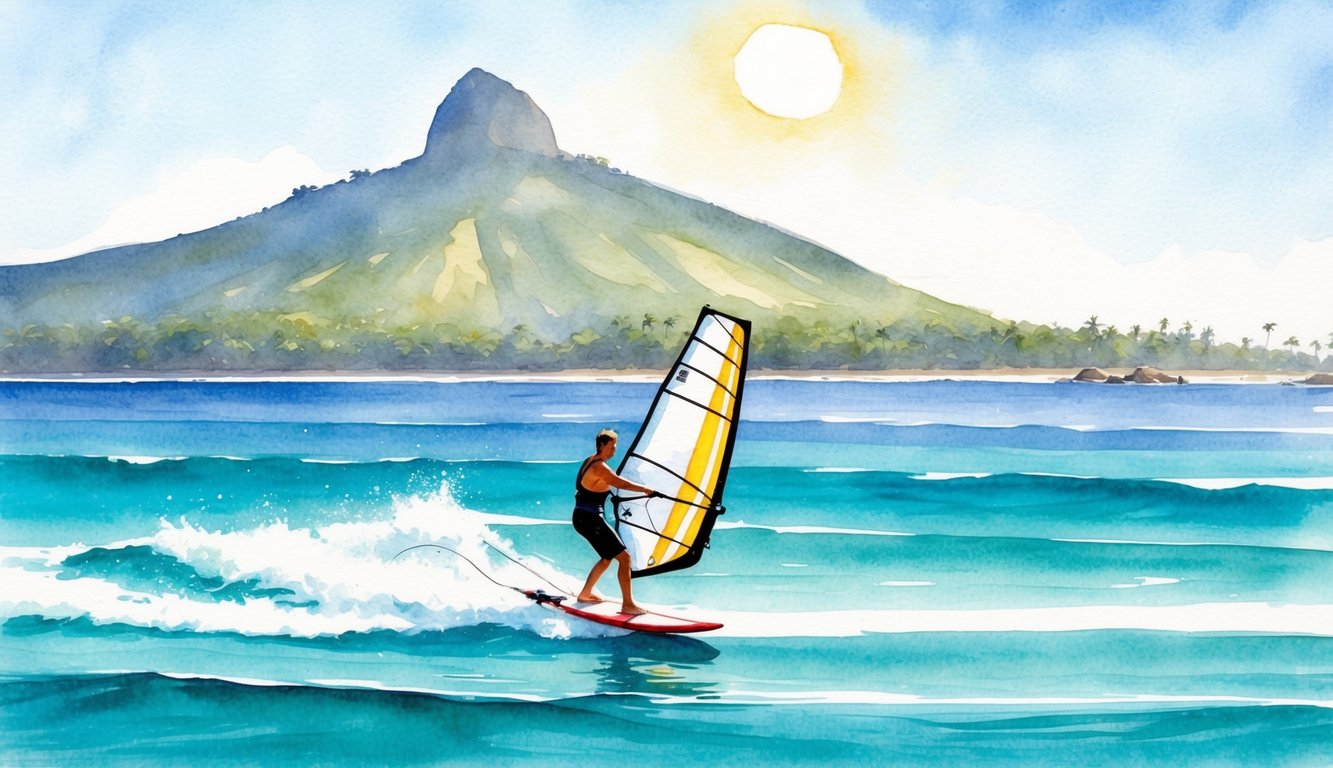 A windsurfer glides across the turquoise waters of Oahu, with the iconic Diamond Head in the background. The sun shines brightly, casting a warm glow over the scene