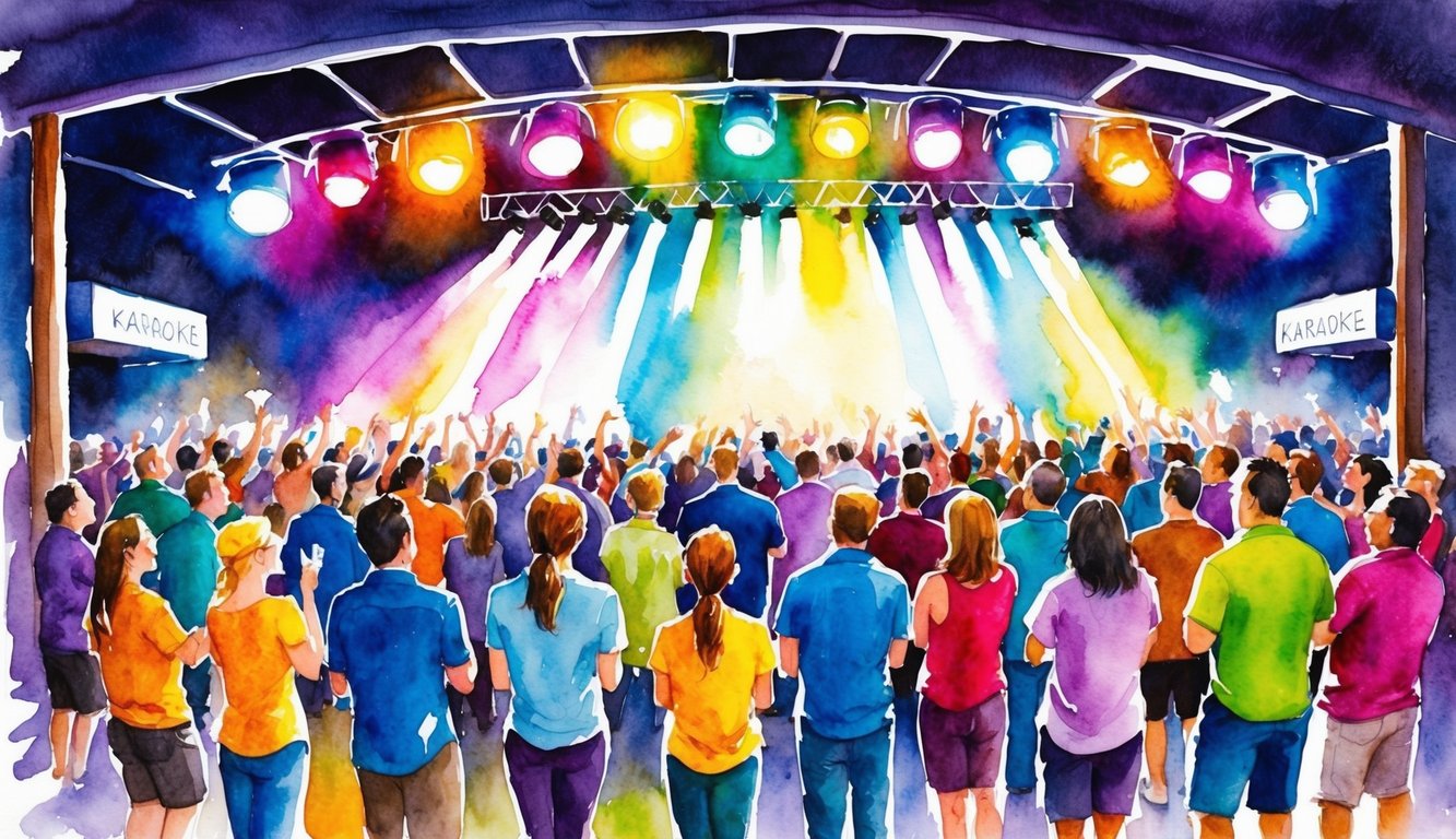 Colorful stage lights illuminate a lively crowd singing along to their favorite tunes at a popular karaoke spot in Oahu