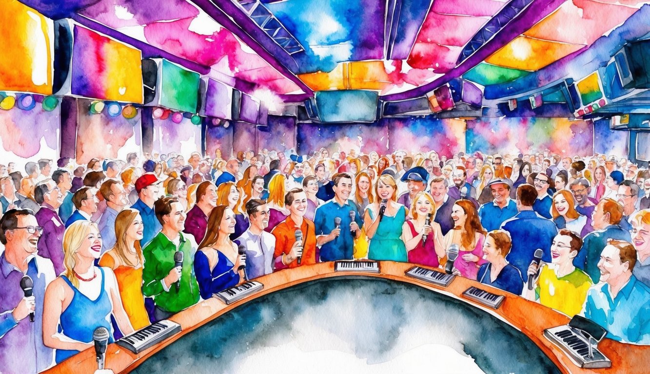 A lively karaoke bar with colorful stage lights, a diverse crowd, and a wide selection of songs