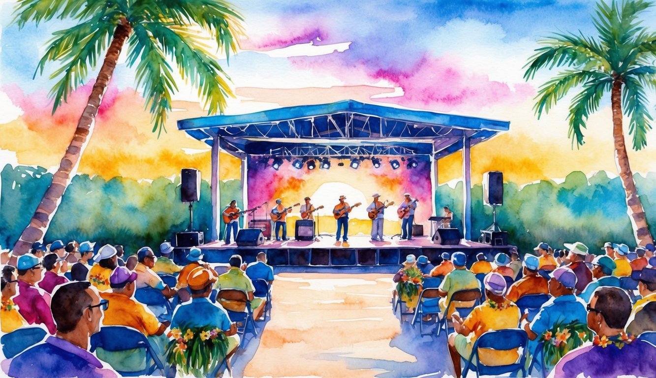 A vibrant outdoor stage at sunset, surrounded by swaying palm trees and a lively crowd, as a band plays traditional Hawaiian music