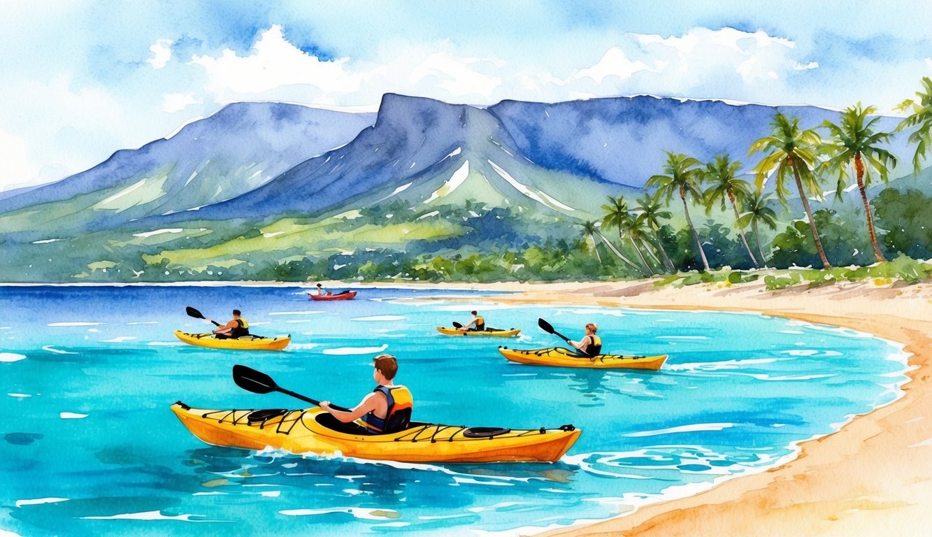 Turquoise water, palm-fringed shores, and distant mountains create a picturesque backdrop for kayaking on Oahu's best beaches