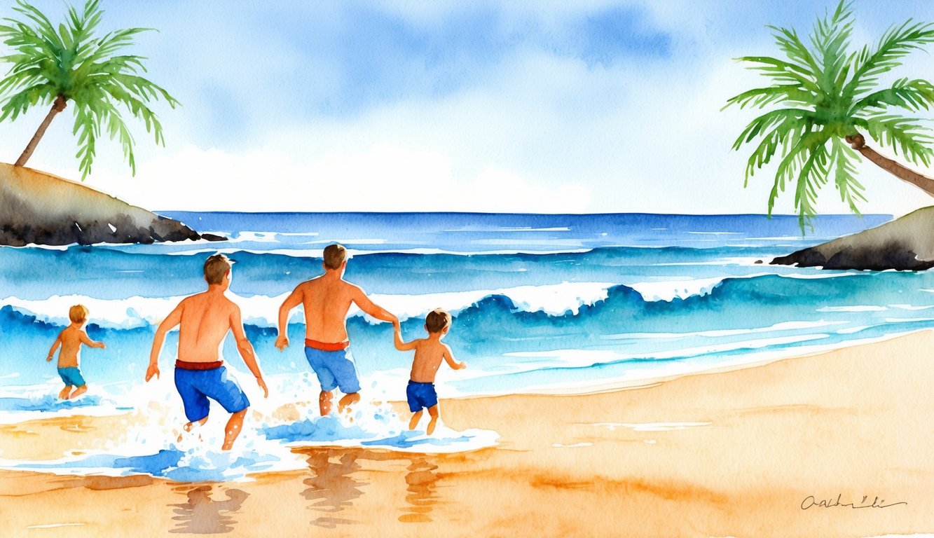 A family playing in the gentle waves at a calm, sandy beach with palm trees and clear blue skies on Oahu