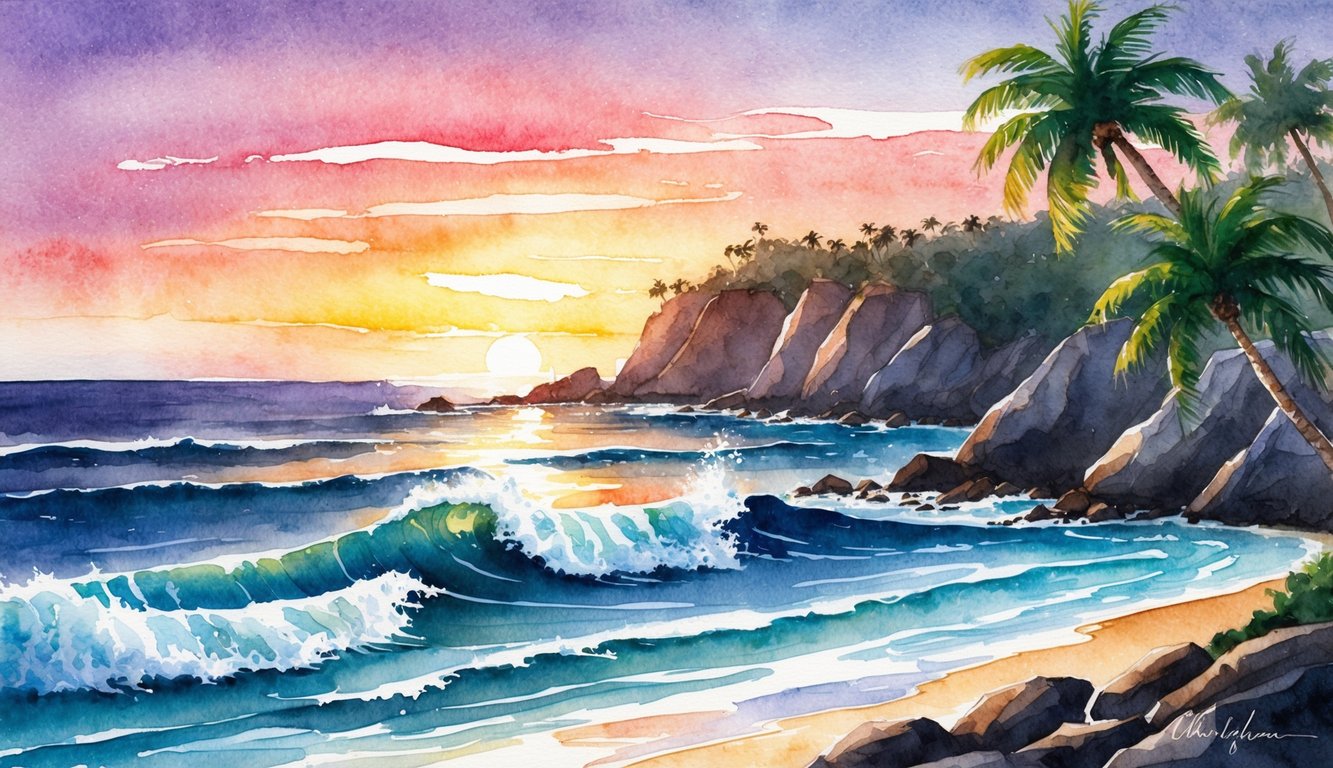 A stunning sunset over the rocky coastline of Oahu, with waves crashing against the shore and palm trees swaying in the warm breeze