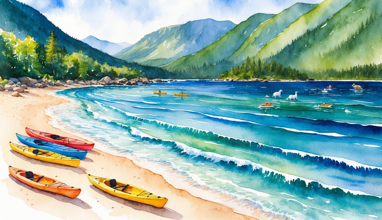 Crystal clear waters lap against the sandy shore, with lush green mountains towering in the background. Colorful kayaks dot the coastline, as wildlife frolics in the distance